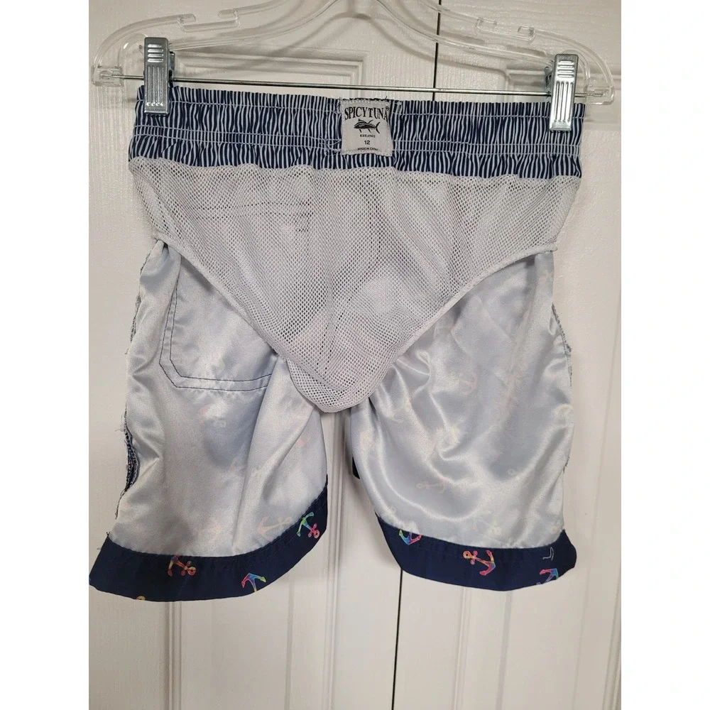 Spicy Tuna Boys Swim Trunks Navy Rainbow Anchor Board Shorts Pockets Size L